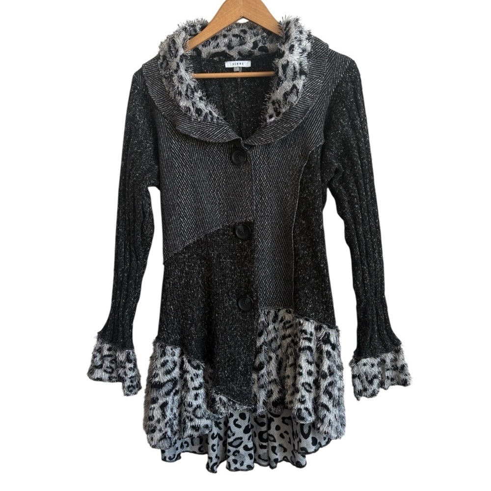 SIONI Patchwork Animal Print Jacket Cardigan Sweater Faux Fur Trim – Size L